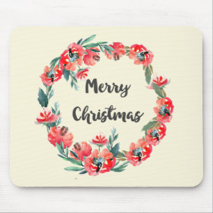 Merry Christmas Red Floral Watercolor Wreath Mouse Mat