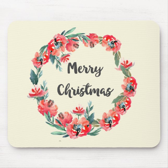 Merry Christmas Red Floral Watercolor Wreath Mouse Mat (Front)