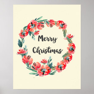 Merry Christmas Red Floral Watercolor Wreath Poster
