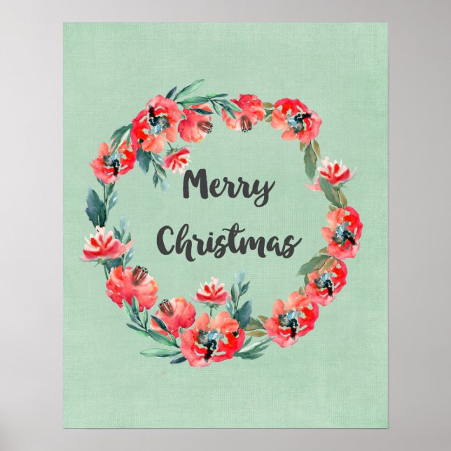 Merry Christmas Red Floral Watercolor Wreath Poster (Front)