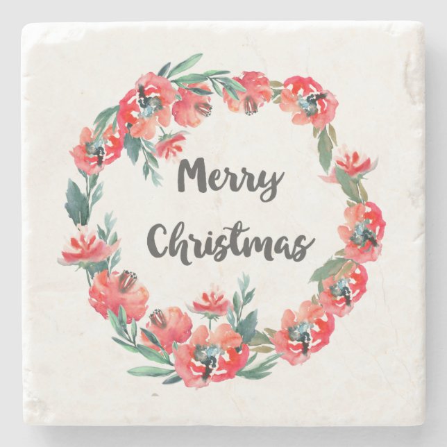 Merry Christmas Red Floral Watercolor Wreath Stone Coaster (Front)
