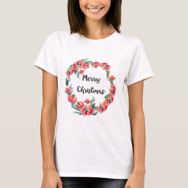 Merry Christmas Red Floral Watercolor Wreath T-Shirt (Front)