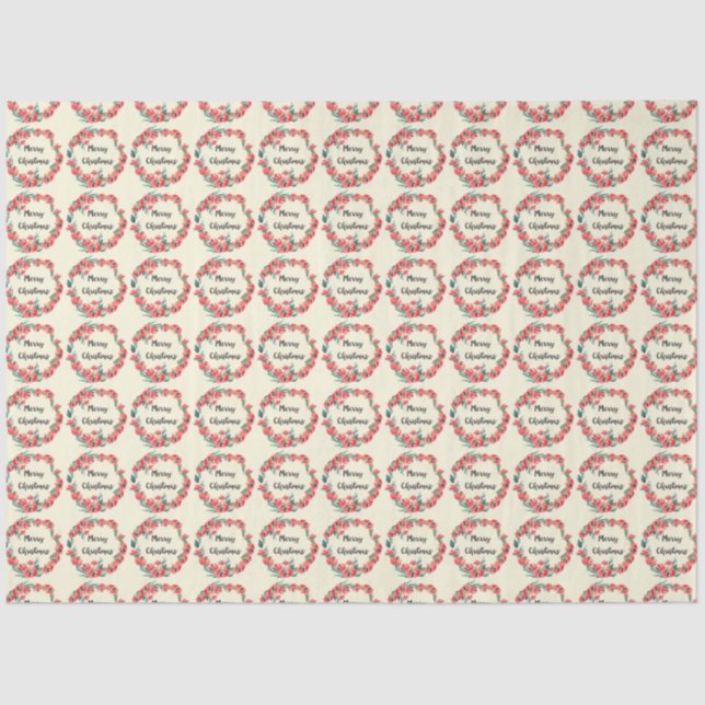 Merry Christmas Red Floral Watercolor Wreath Tissue Paper (Front)