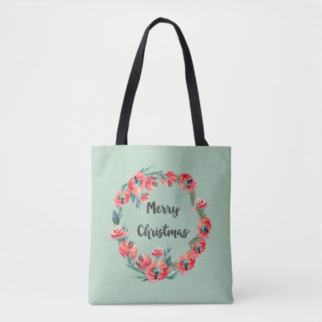 Merry Christmas Red Floral Watercolor Wreath Tote Bag (Front)