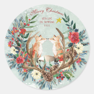 Merry christmas red floral winter foxes classic round sticker
