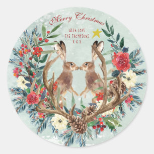 Merry christmas red floral winter hares classic round sticker