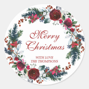 Merry christmas red floral wreath winter classic round sticker
