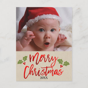 Merry Christmas Red Foil Modern Script Photo Holiday Postcard