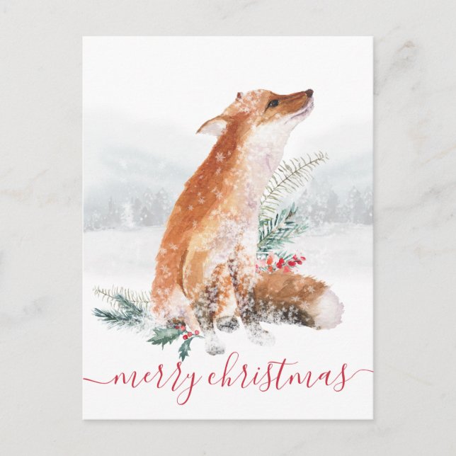 Merry Christmas Red Fox Winter Woodland Holiday Postcard (Front)