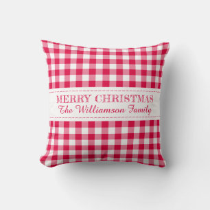 Merry Christmas Red Gingham Monogram Name Cushion