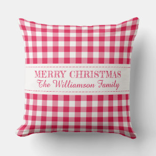 Merry Christmas Red Gingham Monogram Name Cushion