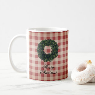 Merry Christmas Red Gingham Plaid Wreath Coffee Mug