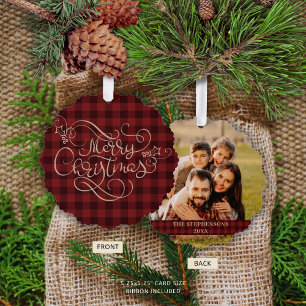 Merry Christmas Red Gingham Script Photo Tree Decoration Card