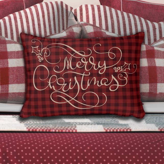 Merry Christmas Red Gingham Tan Script Typography Decorative Cushion (Creator Uploaded)