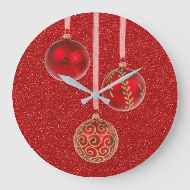 Merry Christmas Red Glitter Baubles Elegant Large Clock (Front)