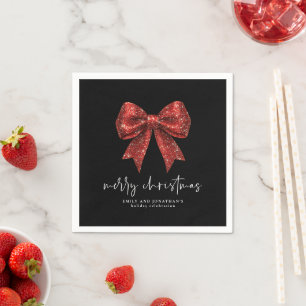 Merry Christmas Red Glitter Coquette Bow Black Napkin