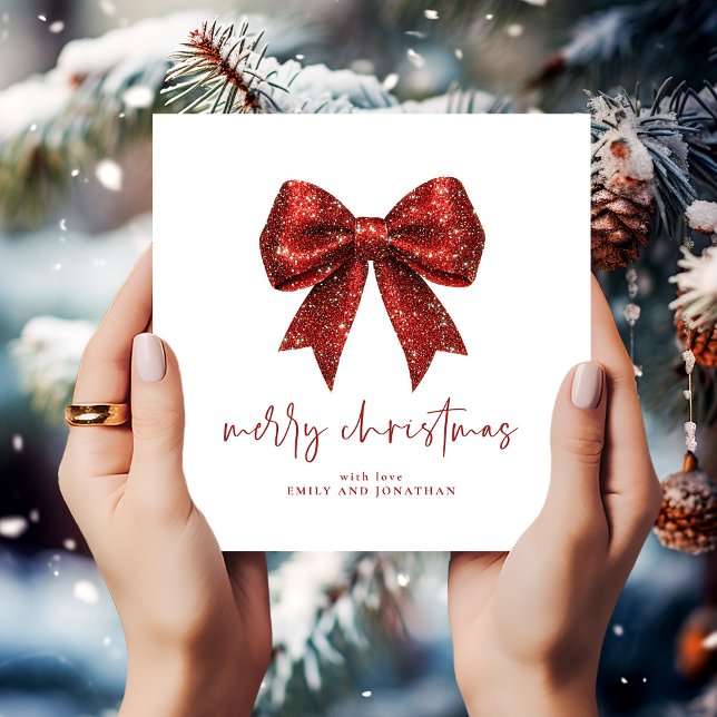 Merry Christmas Red Glitter Coquette Bow White Invitation (Creator Uploaded)