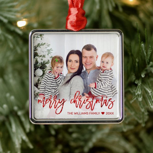 Merry Christmas Red Glitter Script Custom Photo Metal Tree Decoration (Tree)