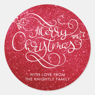 Merry Christmas Red Glitter Script Typography Classic Round Sticker