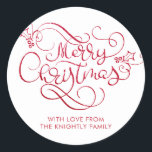 Merry Christmas Red Glitter Script Typography Classic Round Sticker<br><div class="desc">Personalised Christmas stickers with the greeting MERRY CHRISTMAS in a retro and elegant calligraphy script typography in faux red glitter. Utilise as gift tags or return address envelope seals. ASSISTANCE: For help with design modification or personalisation, colour change, transferring the design to another product or if you would like coordinating...</div>