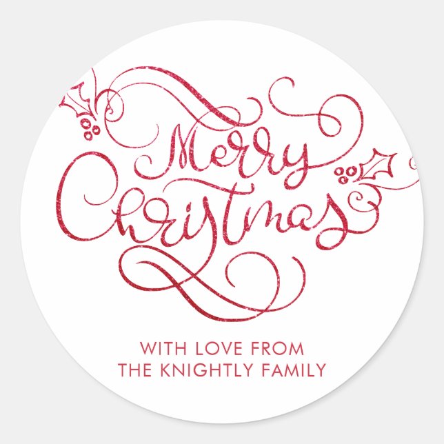 Merry Christmas Red Glitter Script Typography Classic Round Sticker (Front)