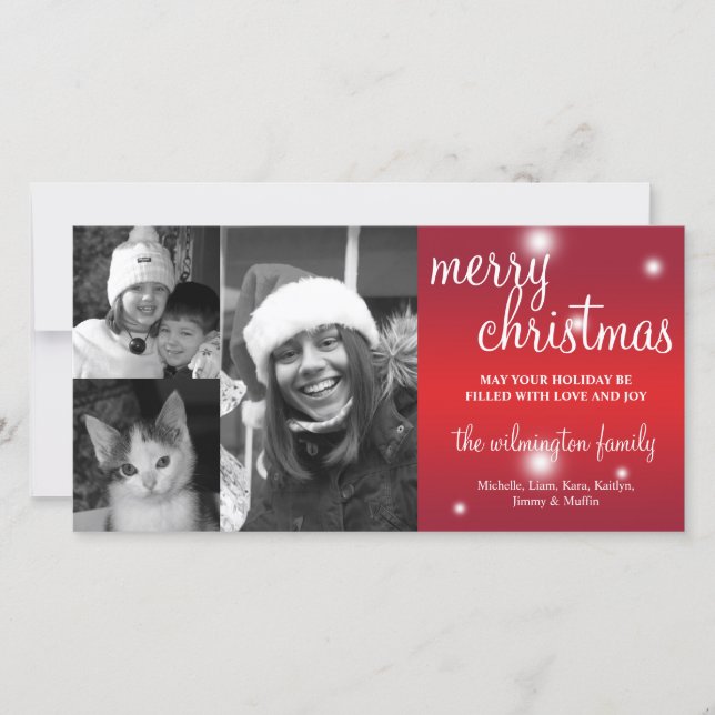 Merry Christmas red glow white snow photo greeting Holiday Card (Front)