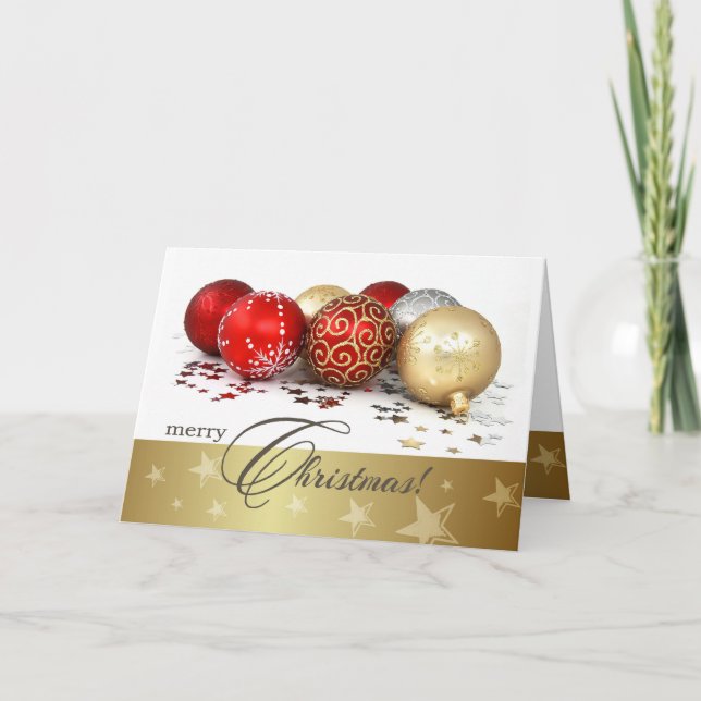 Merry Christmas. Red Gold Baubles Holiday Card (Front)