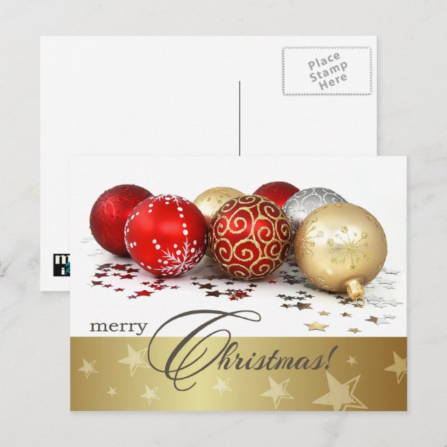 Merry Christmas. Red Gold Baubles Holiday Postcard (Front/Back)