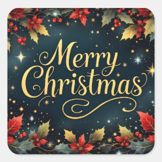 Merry Christmas Red/Gold Berries Square Sticker