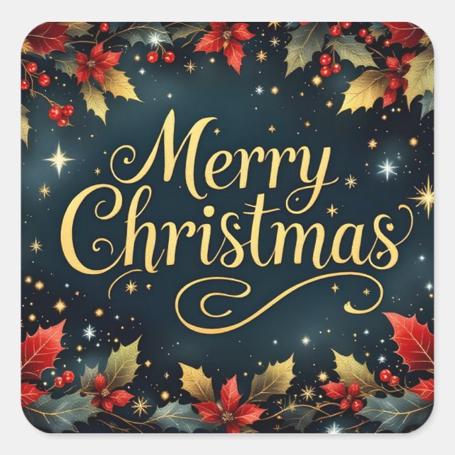 Merry Christmas Red/Gold Berries Square Sticker (Front)