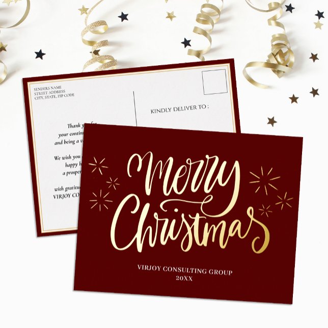 Merry Christmas Red Gold Calligraphy Business Foil Holiday Postcard (Creator Uploaded)