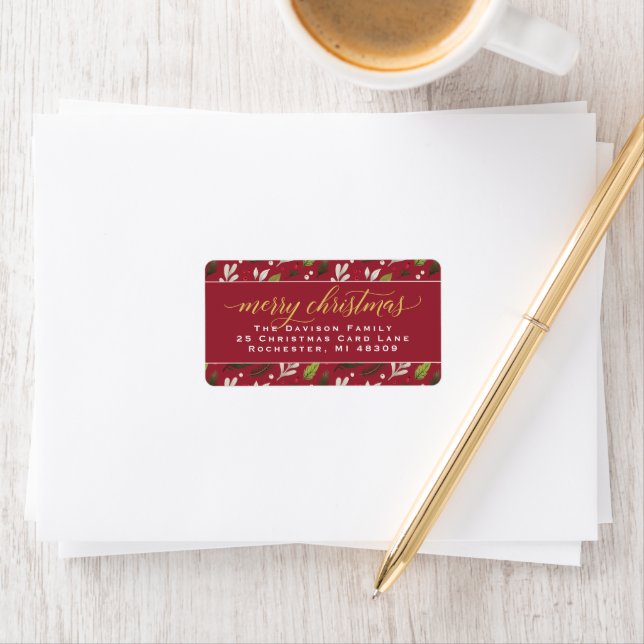 Merry Christmas Red Gold Elegant Script Address Label (Insitu)