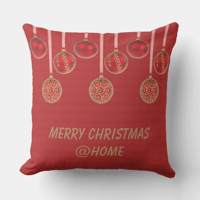 Merry Christmas Red Gold Glitter Baubles Text Cushion (Front)