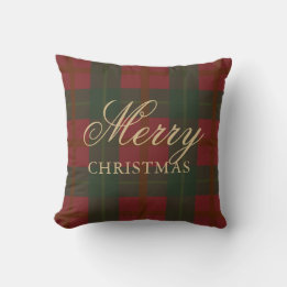 Merry Christmas Red Gold Green Tartan Cushion