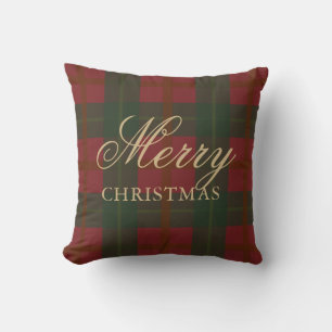 Merry Christmas Red Gold Green Tartan Cushion