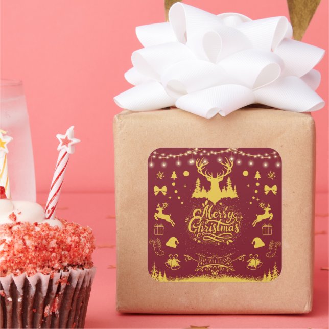 Merry Christmas Red & Gold Imitation Square Sticker (Party)