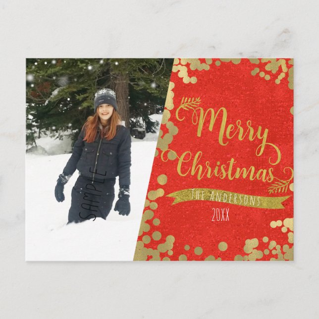 Merry Christmas Red & Gold Modern Photo Holiday Postcard (Front)
