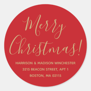 Merry Christmas red gold script return address Classic Round Sticker