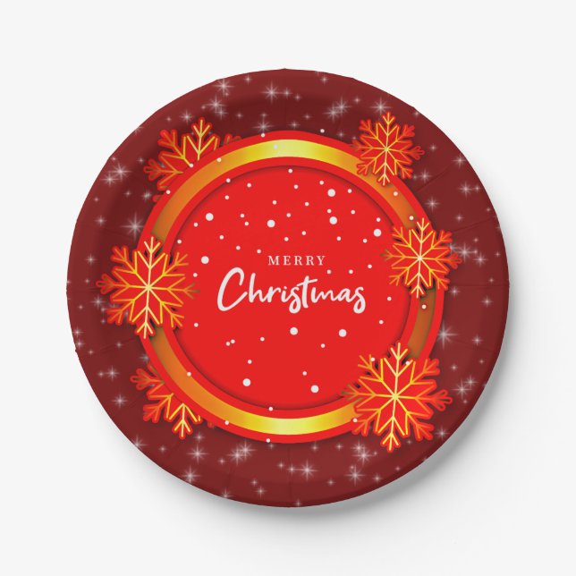 Merry Christmas Red Gold Snowflakes 7" Paper Plate (Front)