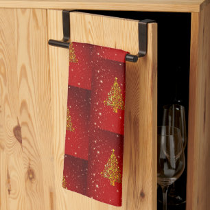 Merry Christmas Red Gold Tree Stars  Tea Towel