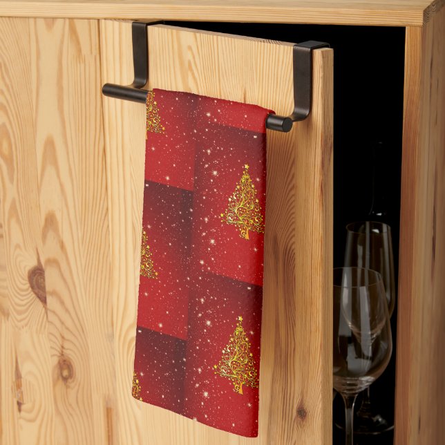 Merry Christmas Red Gold Tree Stars  Tea Towel (Thirds Fold)