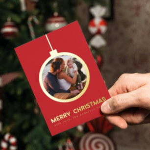 Merry Christmas Red Golden Multi Photo Ornament Foil Holiday Card