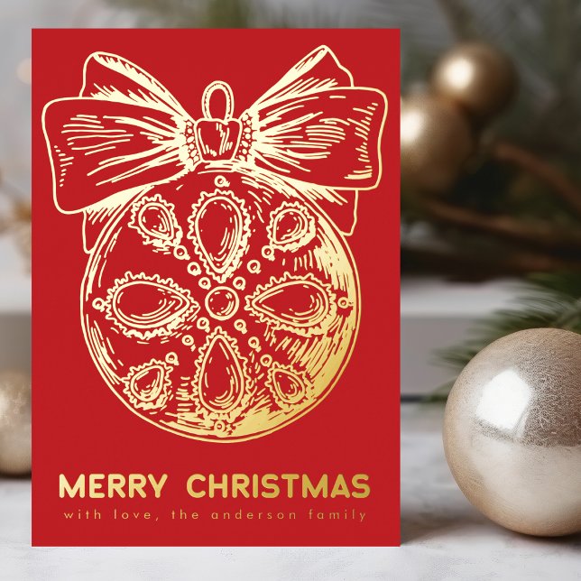 Merry Christmas Red Golden Ornament | Photo Foil Holiday Card (Creator Uploaded)