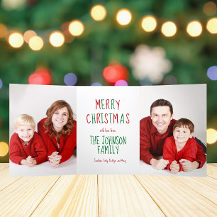 Merry Christmas Red Green 4 Family Photo Cute Tri-Fold Holiday Card