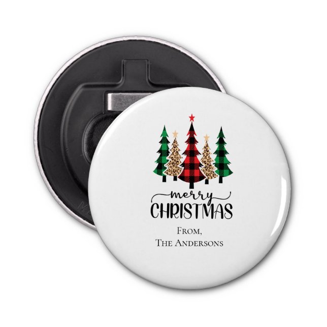 Merry Christmas Red Green and Black Plaid Trees  Bottle Opener (Front)