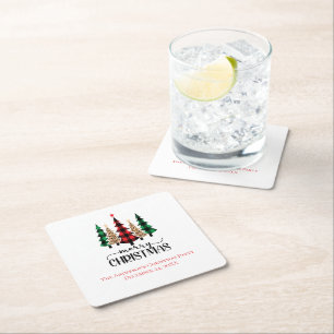 Merry Christmas Red Green and Black Plaid Trees Square Paper Coaster