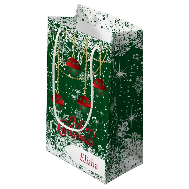 Merry Christmas Red, Green and Gold Ornaments Small Gift Bag (Front Angled)
