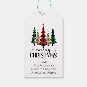 Merry Christmas Red Green Black Buffalo Plaid Tree Gift Tags
