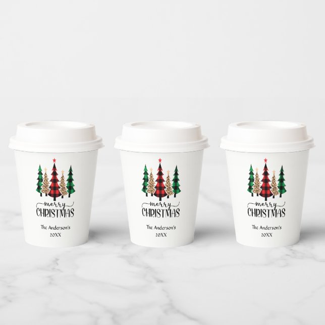 Merry Christmas Red Green Black Buffalo Plaid Tree Paper Cups (Multi)