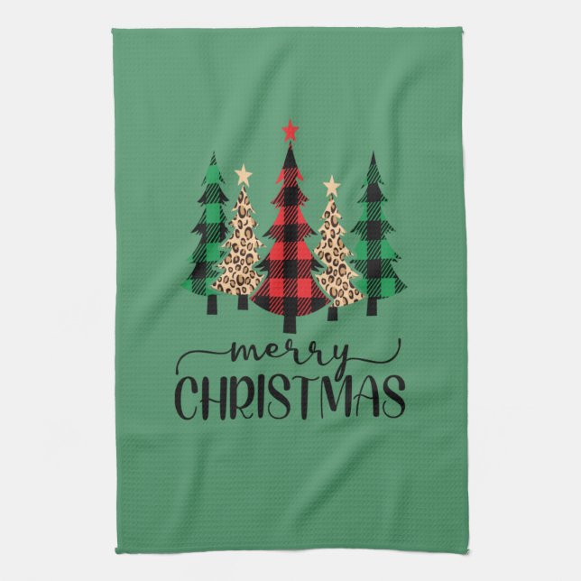 Merry Christmas Red Green Black Buffalo Plaid Tree Tea Towel (Vertical)
